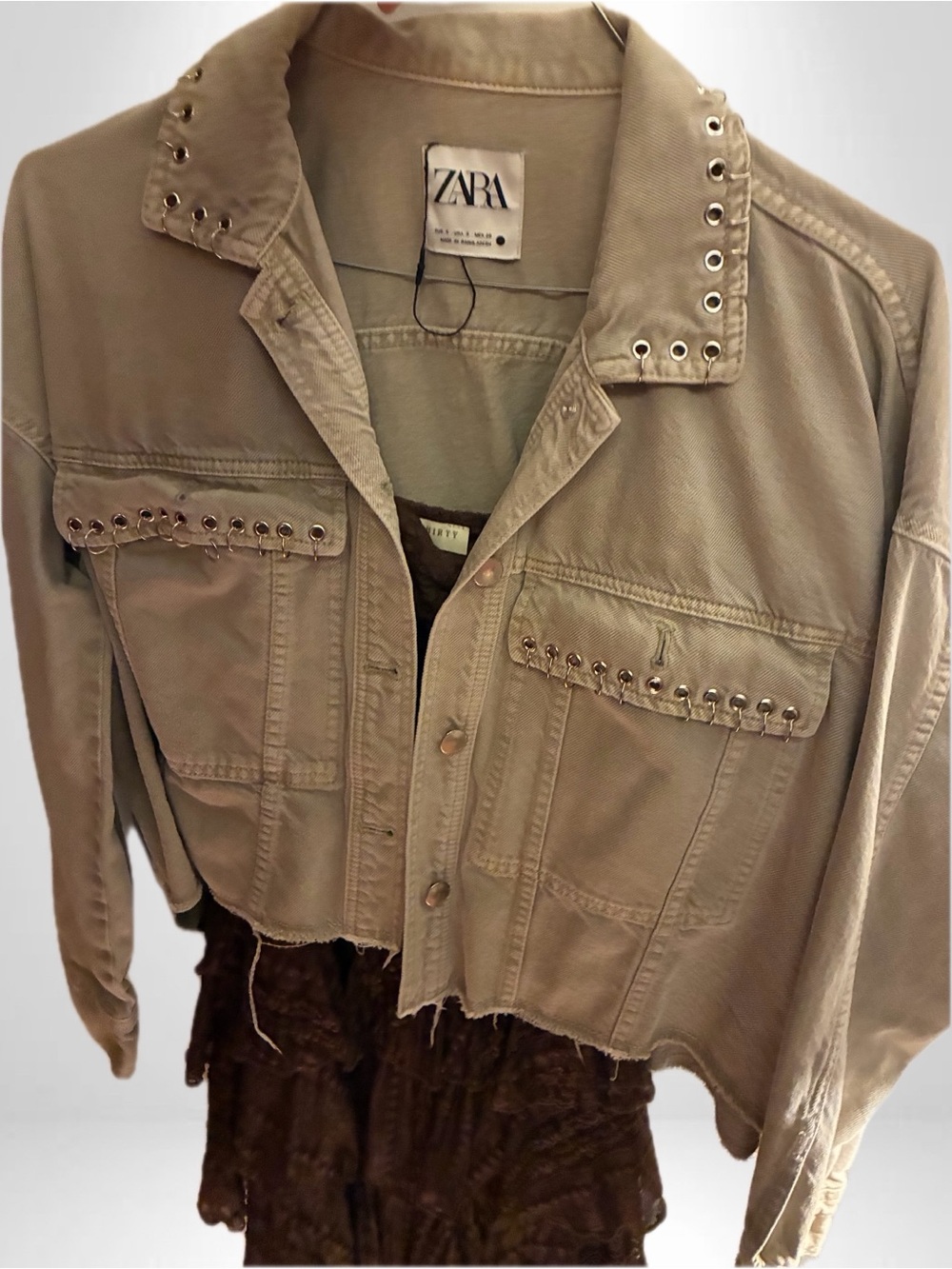 ZARA Beige Cropped Eyelet-Trim Utility Jacket